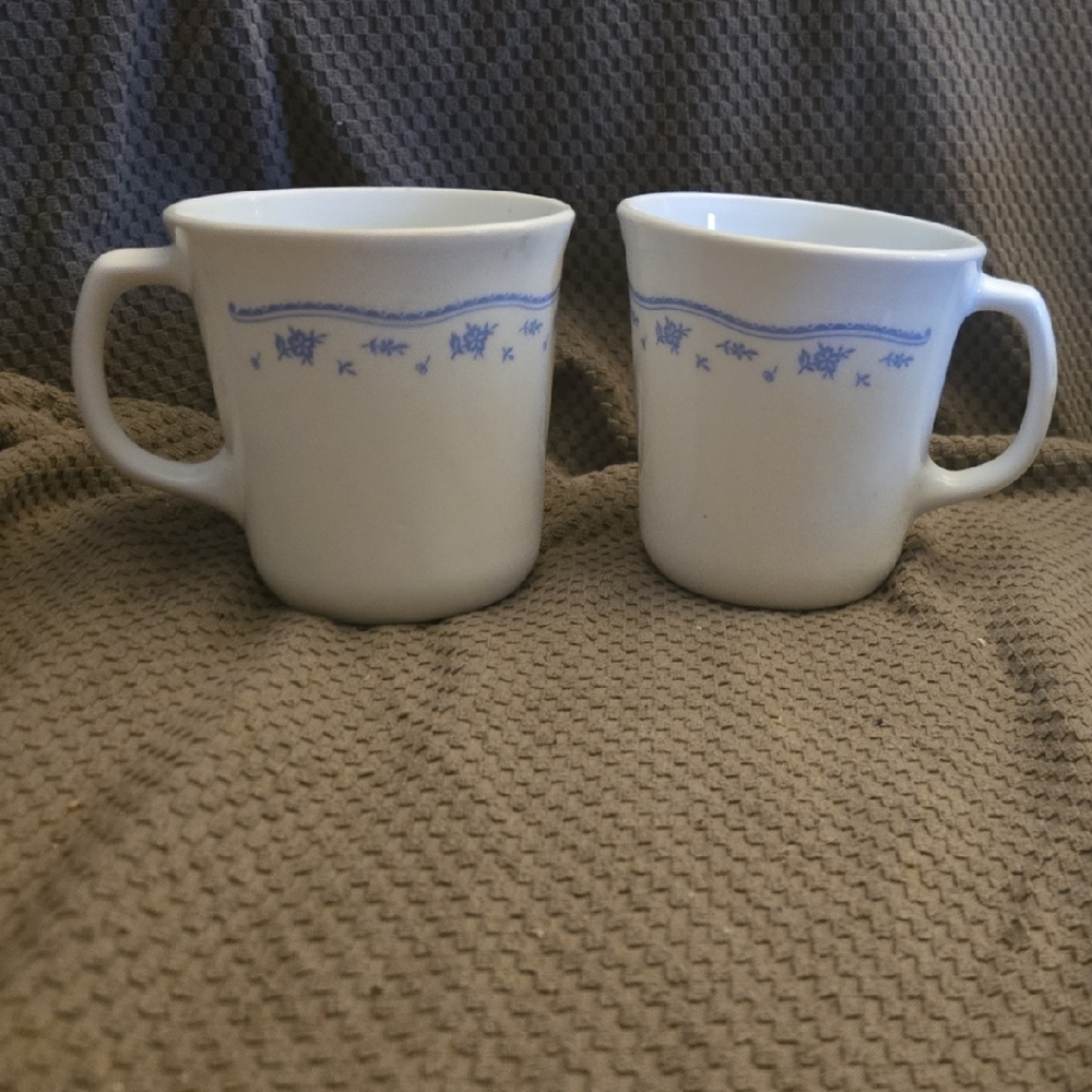 White Mugs with Blue Floral Design